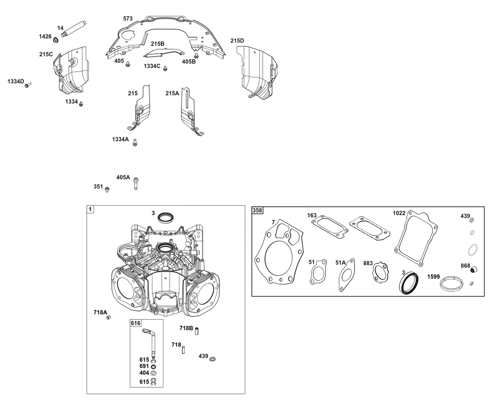 Cylinder Group Diagram and Parts List for 61E877-0111-J1 400000 - 699999 Briggs and Stratton Engine